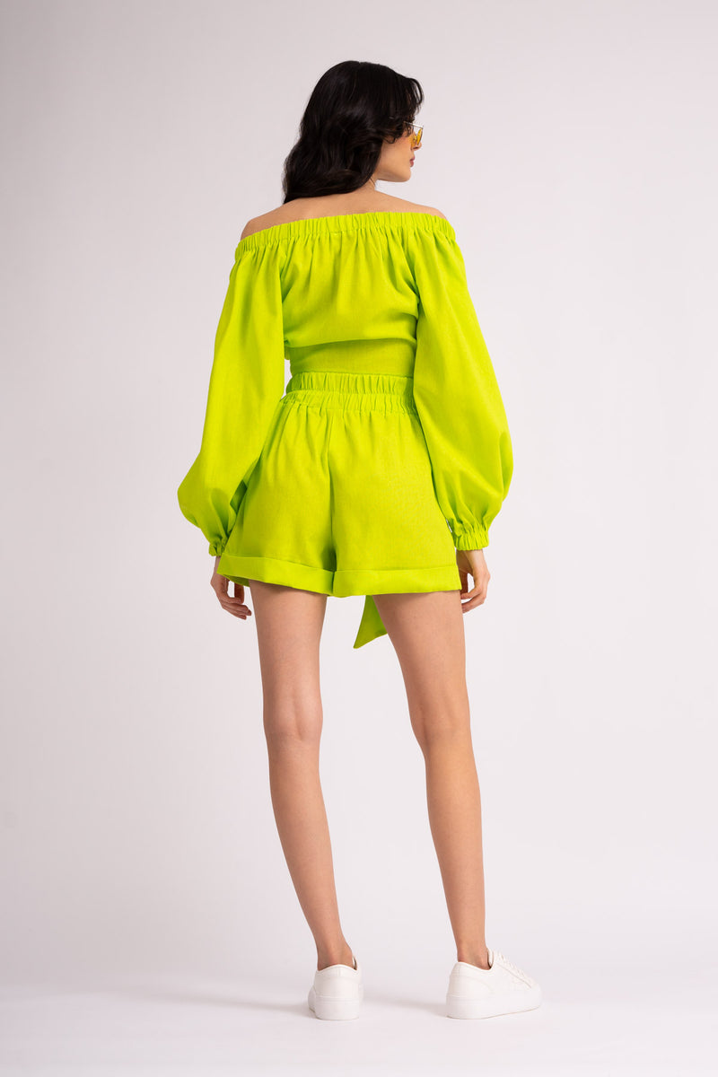 Neon green linen set with top and shorts