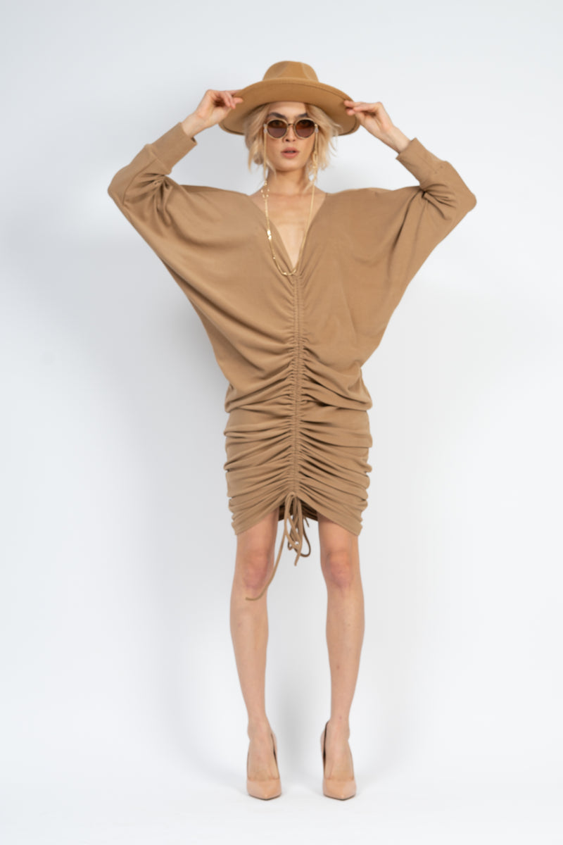 Camel midi dress with adjustable cords