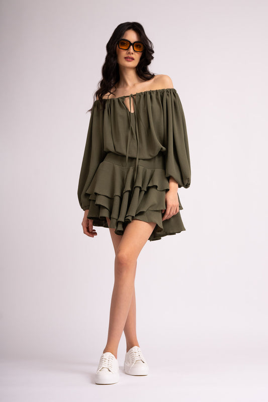 Khaki mini off the shoulders dress