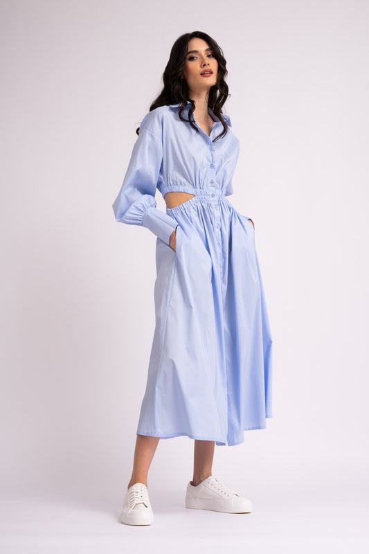 Bleu midi shirt dress with waist cut-out