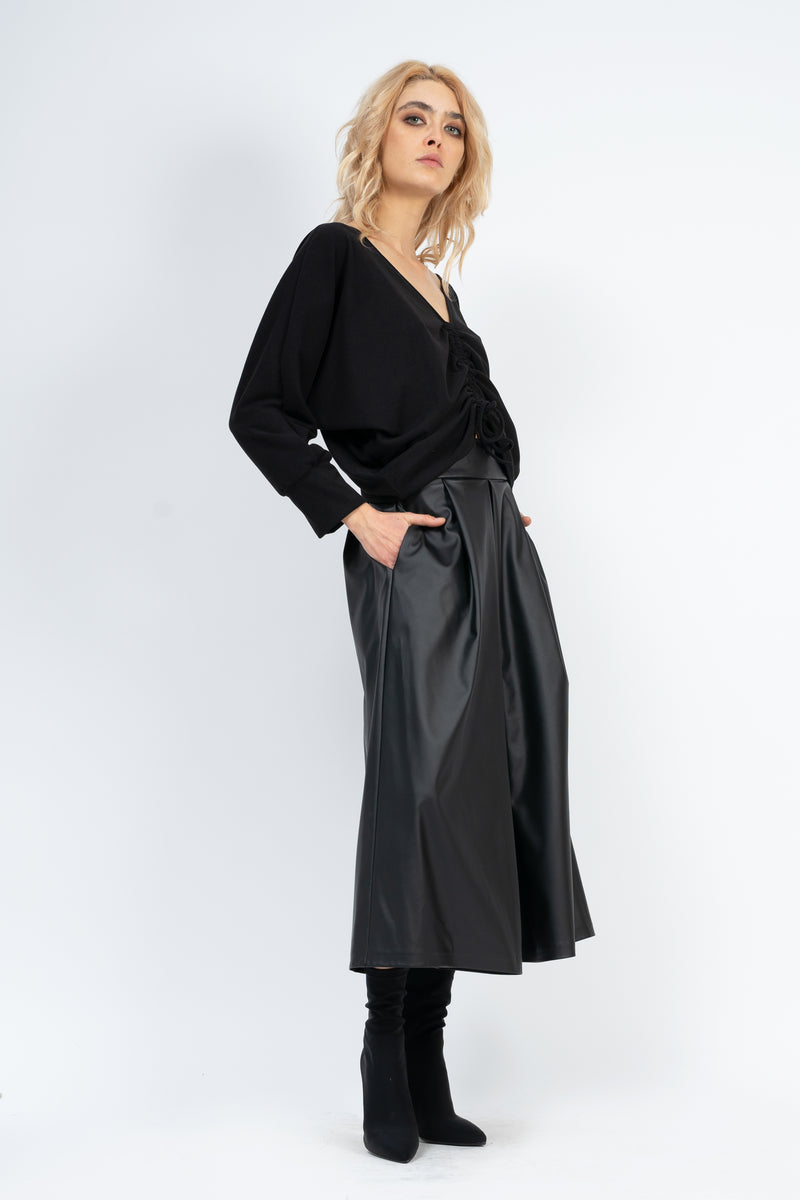 Black ecoleather skirt effect trousers