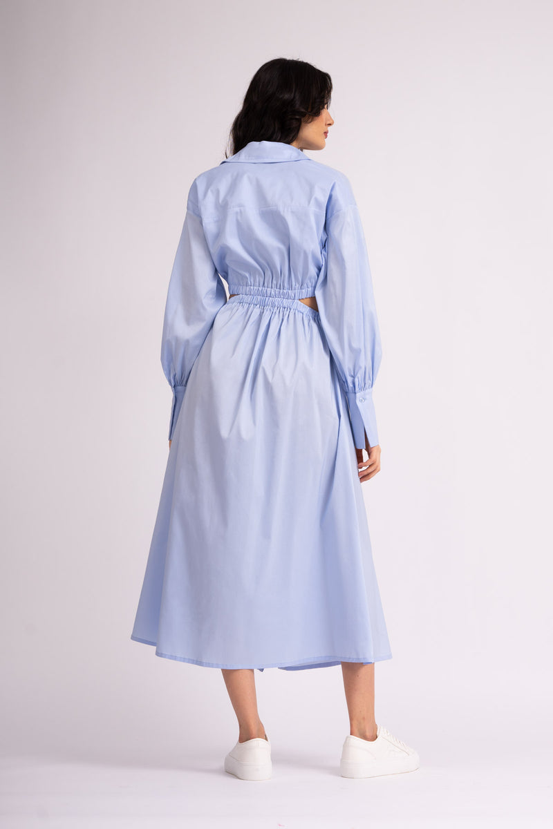 Bleu midi shirt dress with waist cut-out