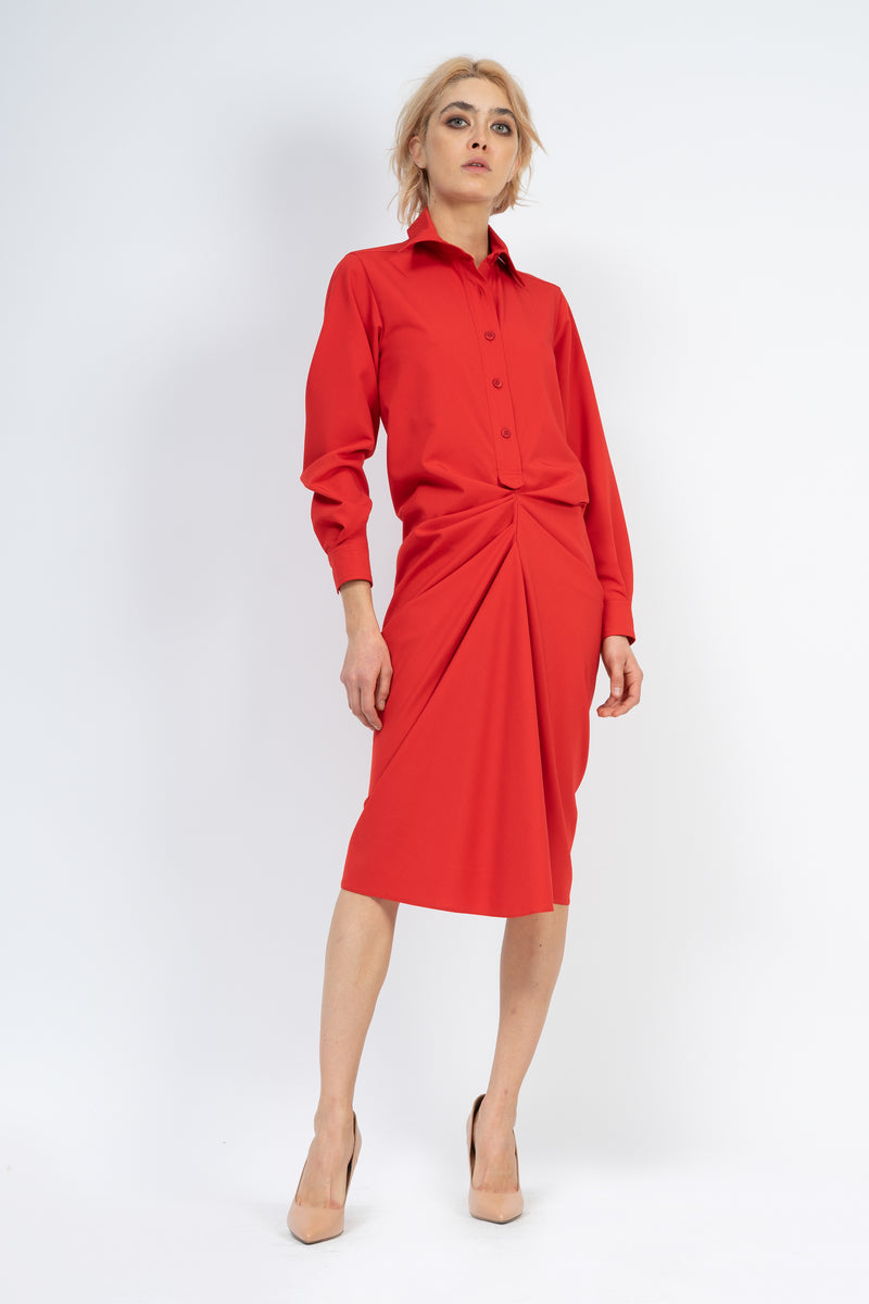 Red shirt dress with pleats
