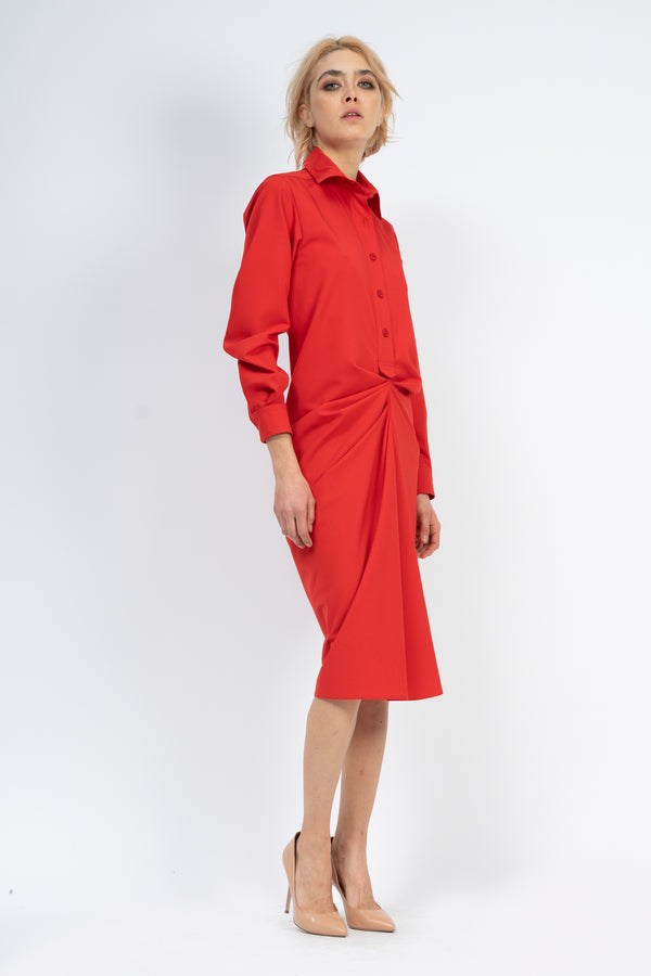 Red shirt dress with pleats