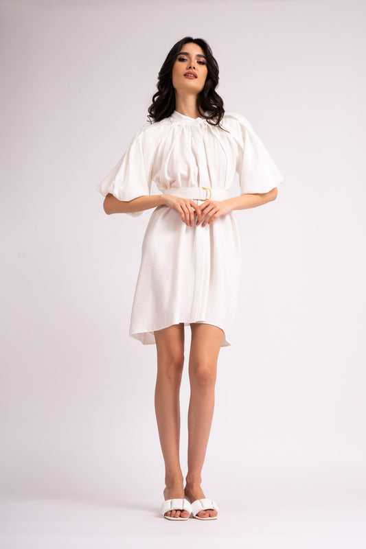 White mini dress with raglan sleeve and pleats