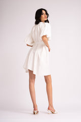 White mini dress with raglan sleeve and pleats