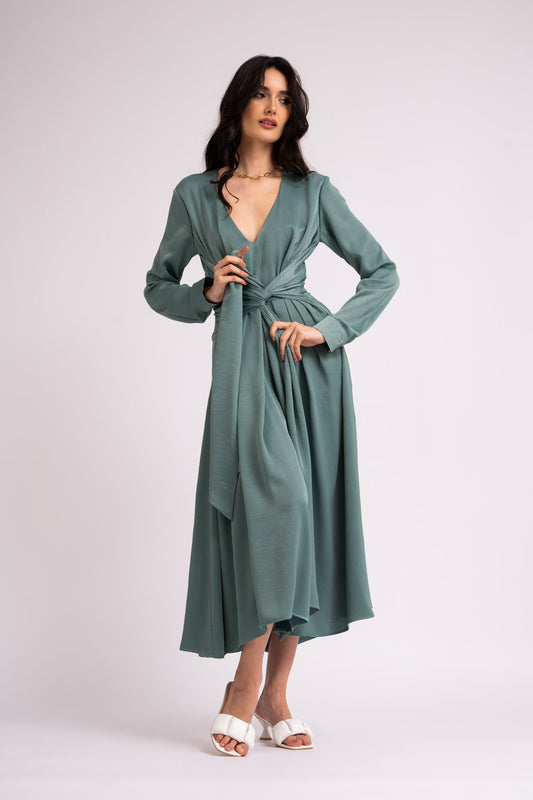 Midi mint dress with scarves and pleats