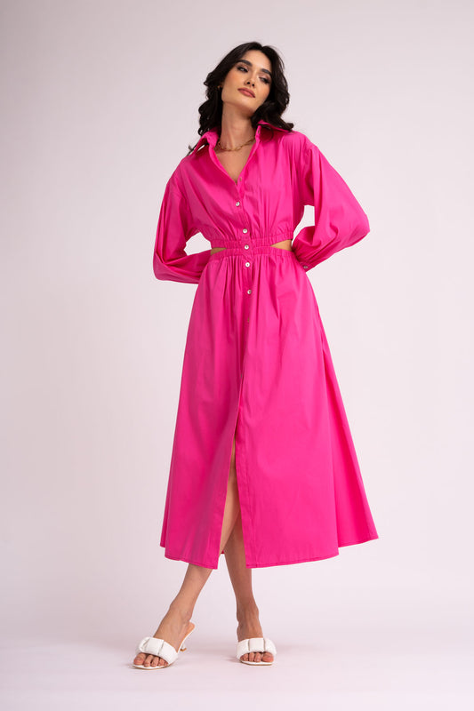 Neon pink midi shirt dress with waist cut-out