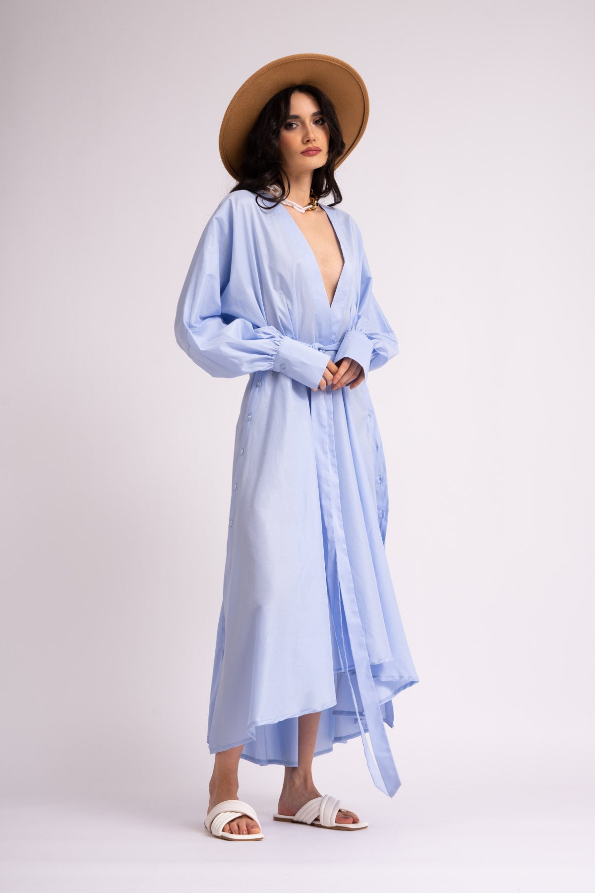 Rochie midi bleu tip camasa cu slituri in laterale