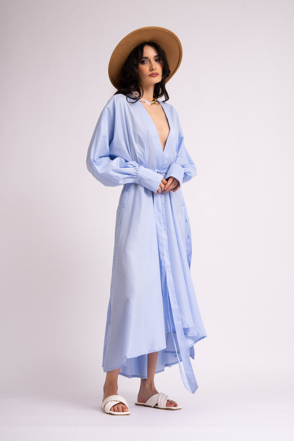 Rochie midi bleu tip camasa cu slituri in laterale