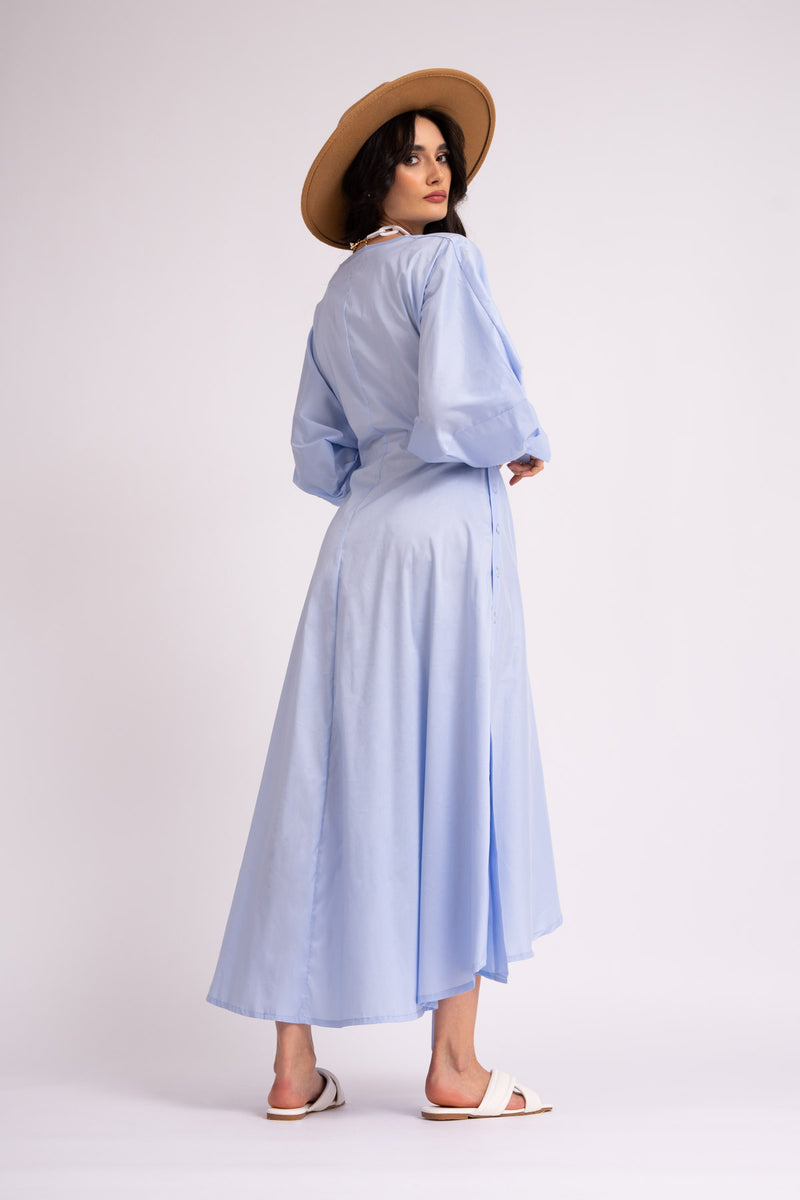 Midi blue shirt dress with side slits
