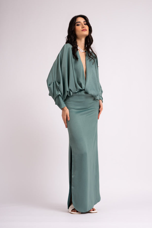 Mint draped dress with flared sleeves