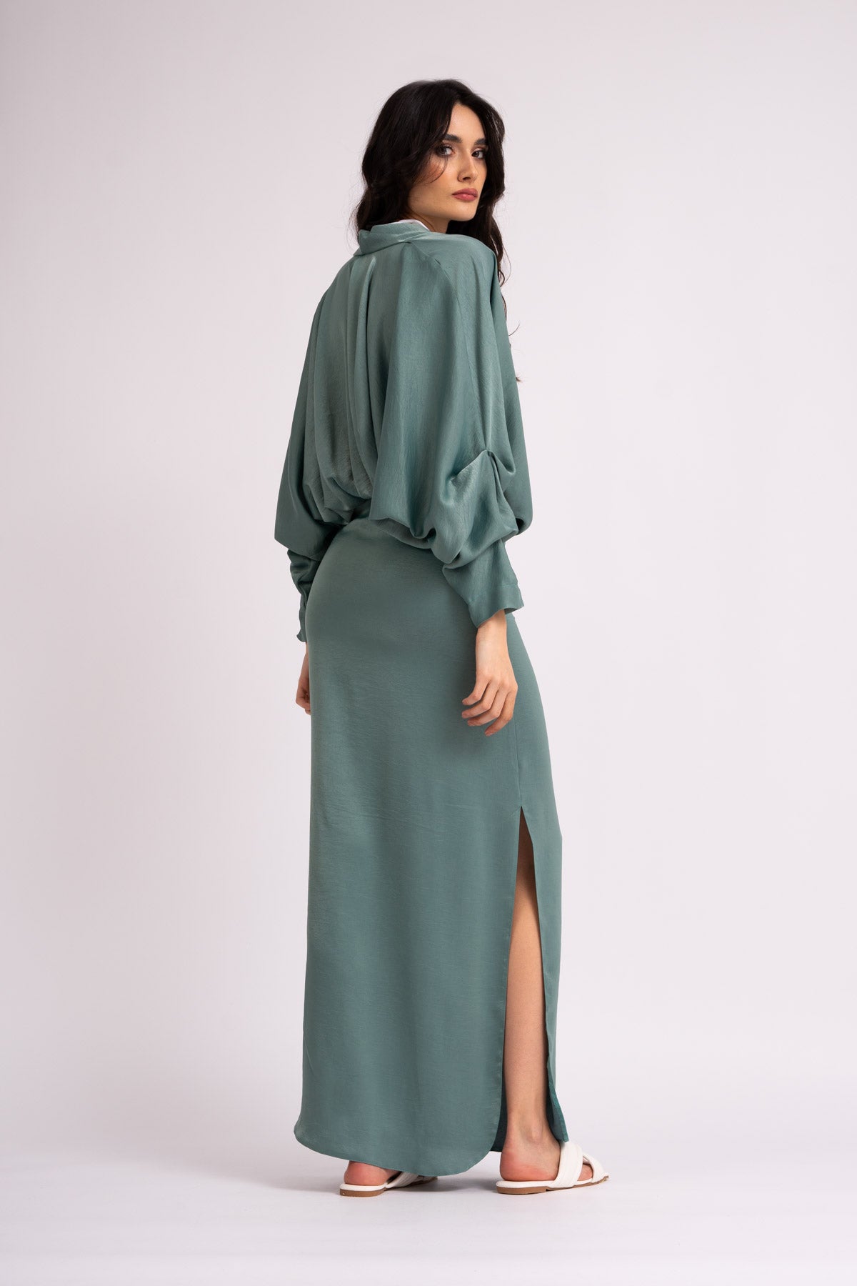Mint draped dress with flared sleeves