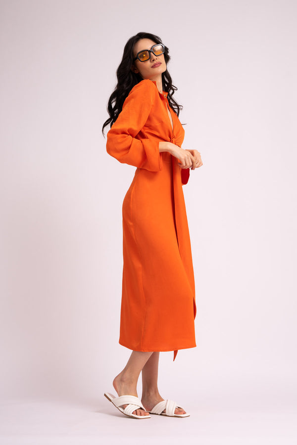 Midi neon orange dress with long sleeves and knot
