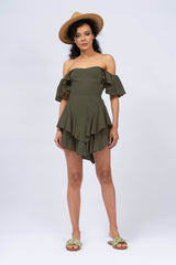 Khaki Off-the-shoulders Cambered Dress with Ruffles