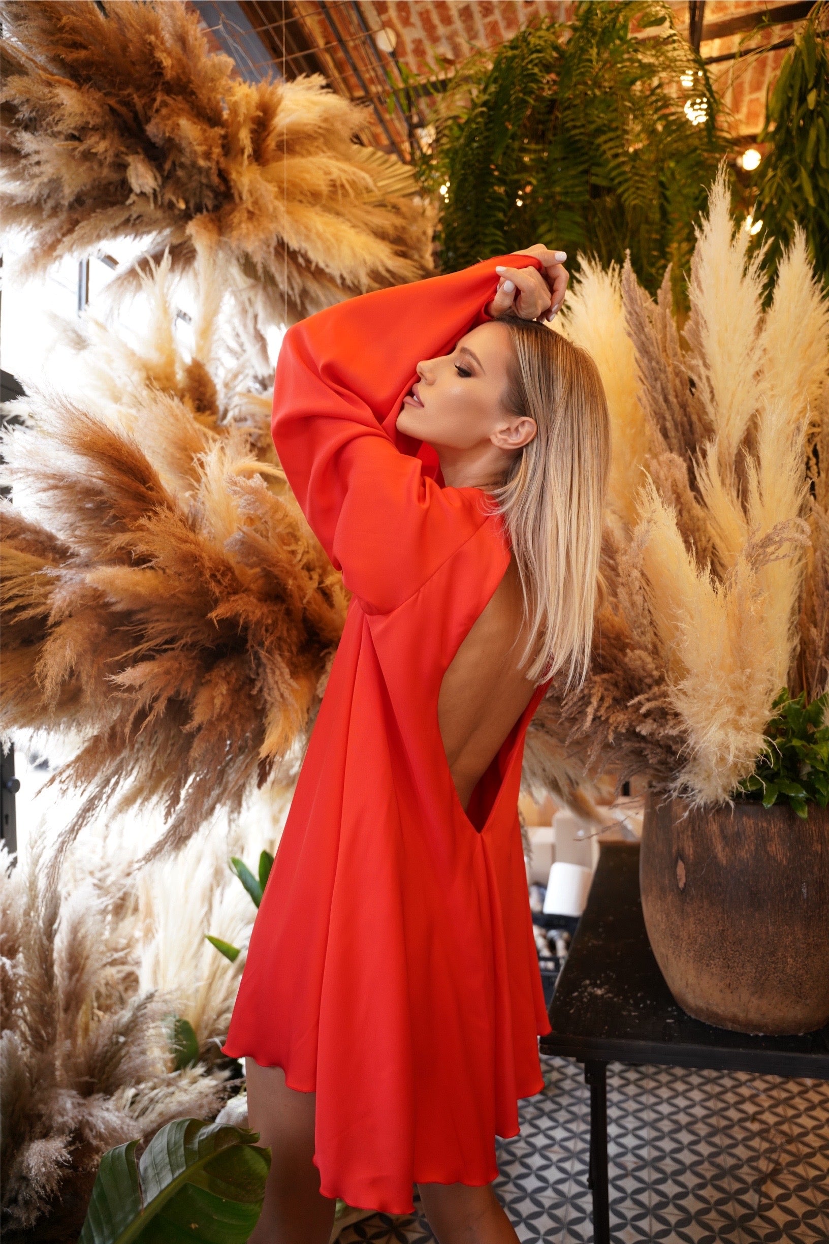 Red backless fluid dress