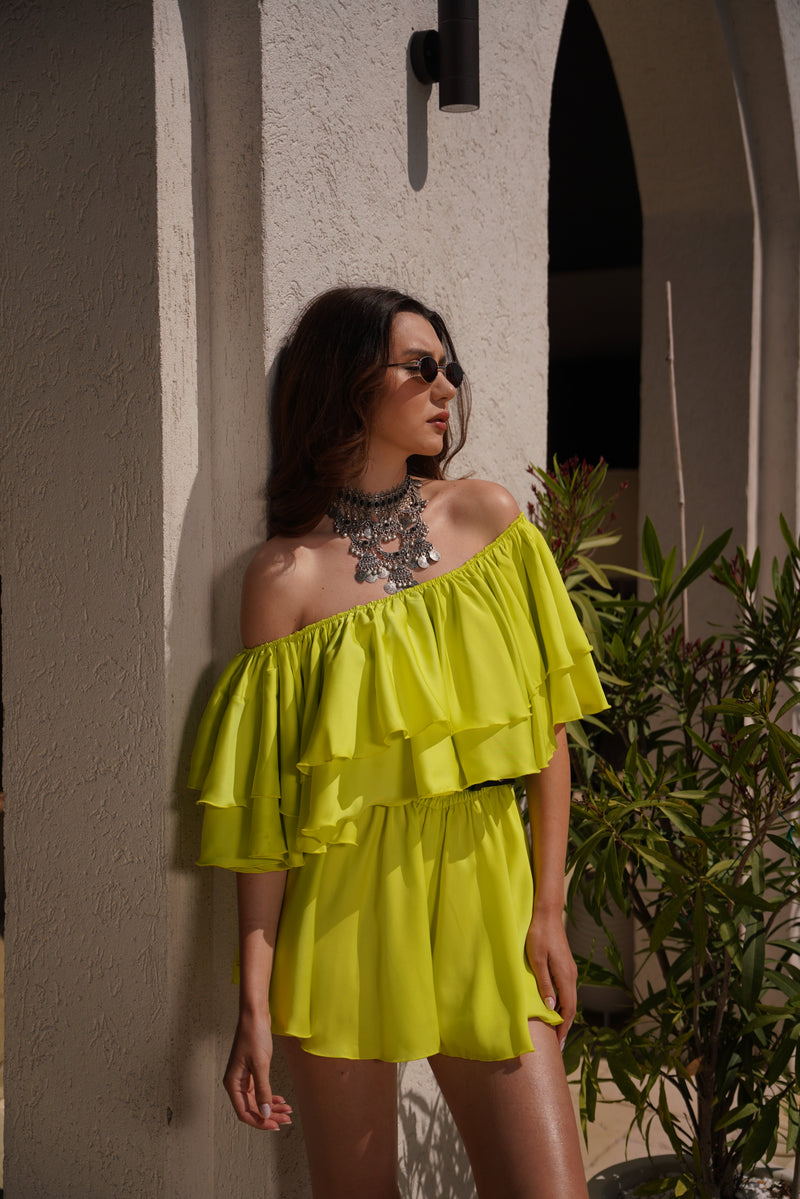 Neon Lime Off-The-Shoulder Jumpsuit with Ruffles