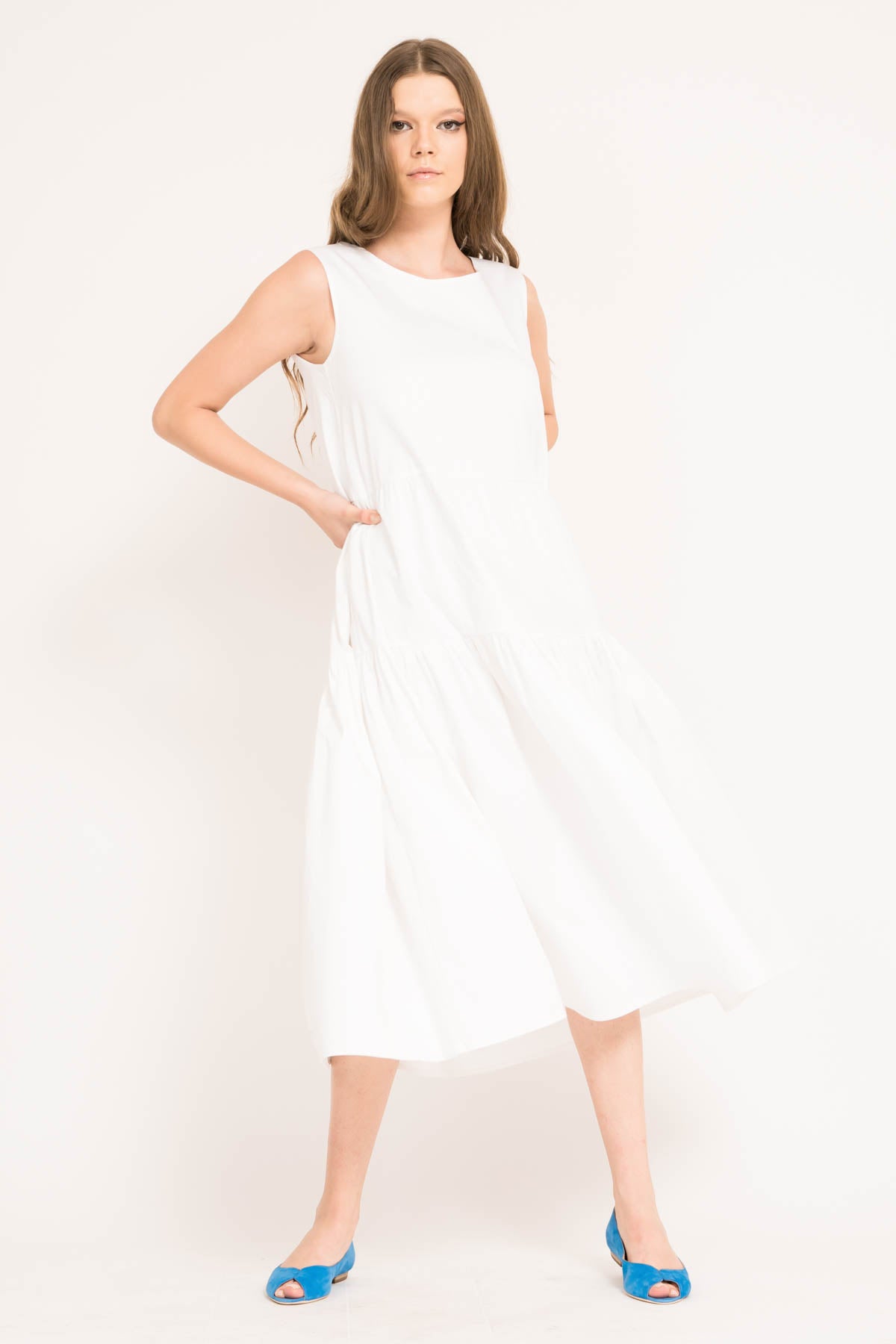 Rochie midi din bumbac nivelata