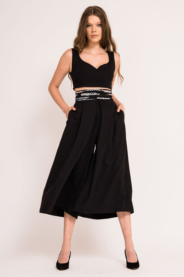 Sequined waist palazzo pants with pockets