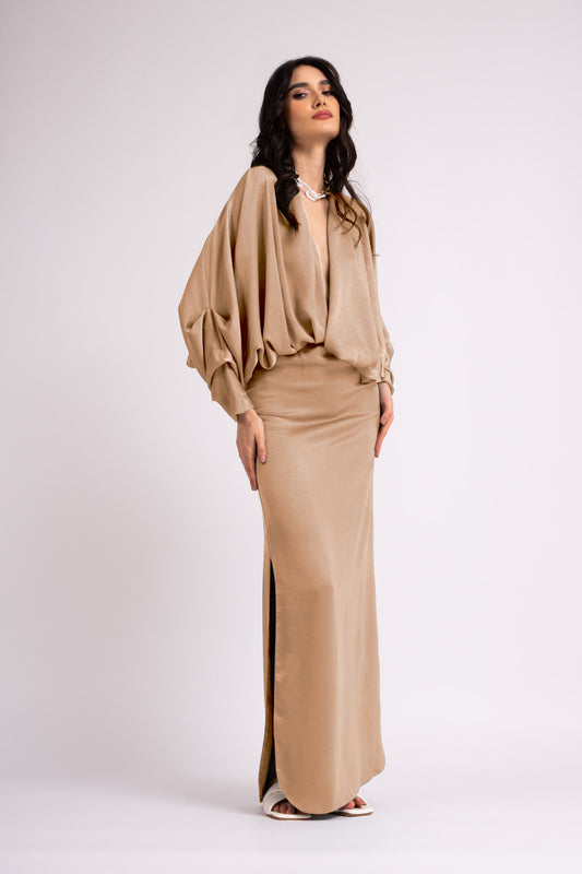 Beige dress with draped neckline and flared sleeve